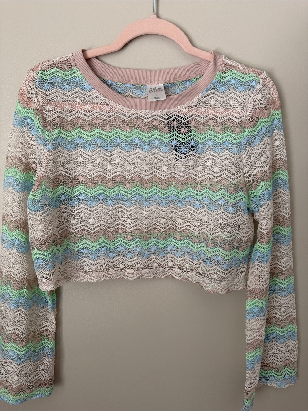 wild fable Pink Crochet Cropped Long Sleeve Top with Blue and Green Stripes